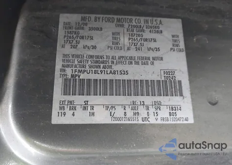 2001 Ford Expedition Eddie Bauer from USA, damaged, VIN 1FMPU18L91LA81535